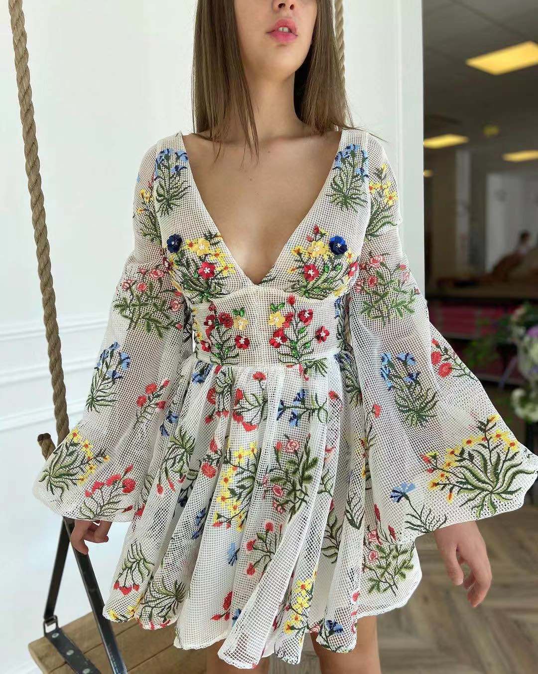 Summer Women Clothing Mesh Embroidered Design Lantern Sleeve Fairy Dress Birthday Party Dress Bella Mia