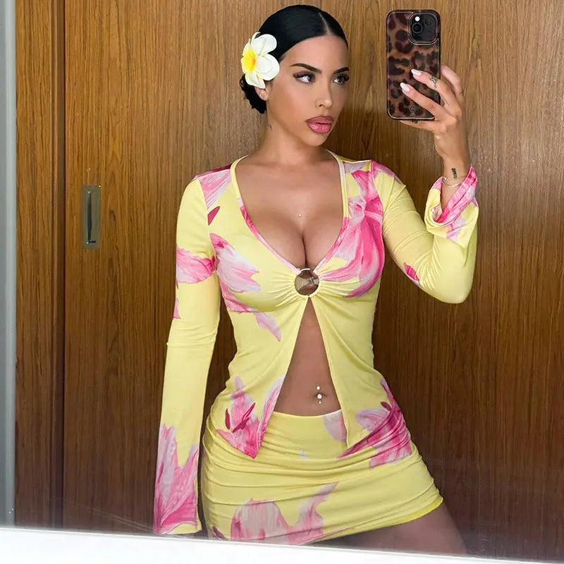 Floral Print Long Sleeve Ring Slit Top Tight Two Piece Sets Bella Mia