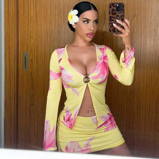 Floral Print Long Sleeve Ring Slit Top Tight Two Piece Sets Bella Mia