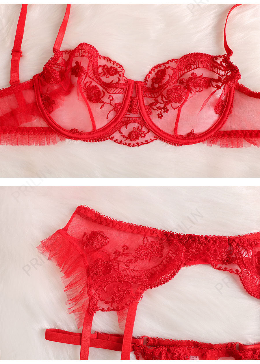 Mesh Embroidered Printed Lace Edge Garter Sexy Three-Piece Set Bella Mia