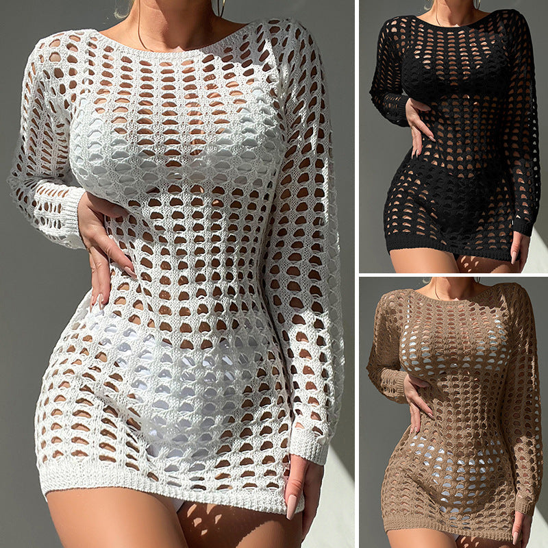 Sexy Slim Plaid Texture Pullover Hollow Out Cutout Beach Sun Protection Beach Cover Up Crochet hook Bella Mia