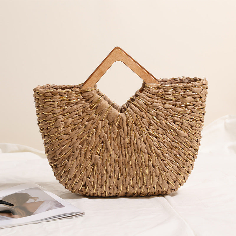 Diamond Shaped Wooden Hand Held Semicircle Straw Bag Gold Silk Mixed Hand Held Woven Bag Vacation Beach Bag Women Bag Bella Mia