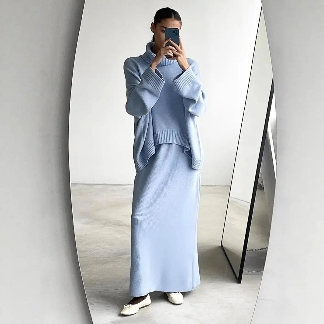 Turtleneck Sweater Skirt Set Women Autumn Winter Loose Knitted Two Piece Sweater Set Women Bella Mia