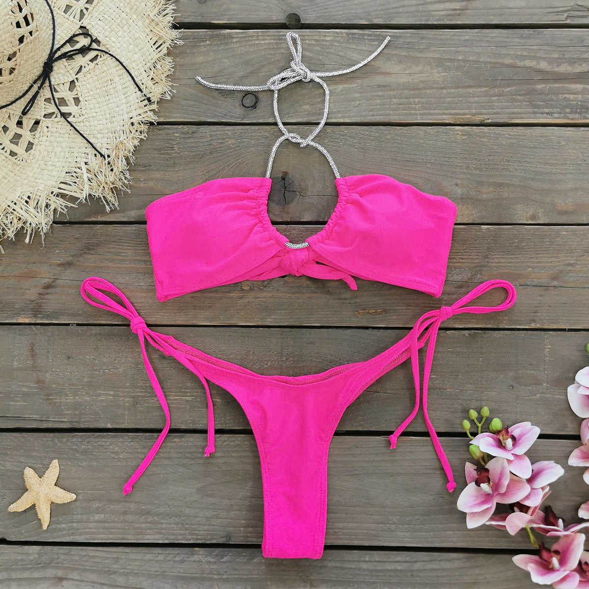 Solid Color Lace up Low Waist Sexy Hollow Out Cutout Bikini Split Swimsuit Women Bikini Bella Mia