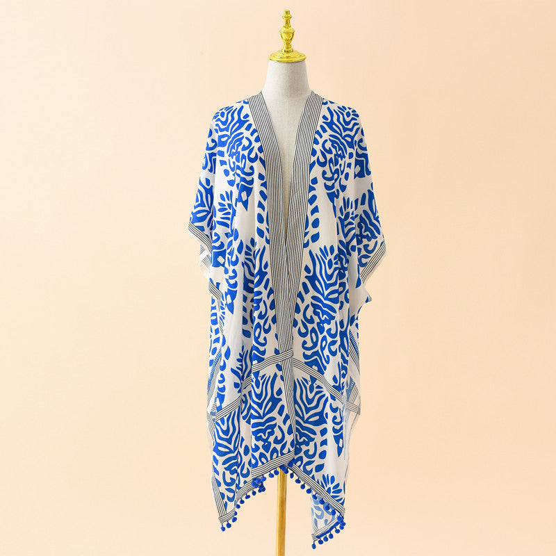 Spring Summer Striped Floral Print Pattern Chiffon Sun Protective Blouse Ball Decorative Cardigan Bella Mia