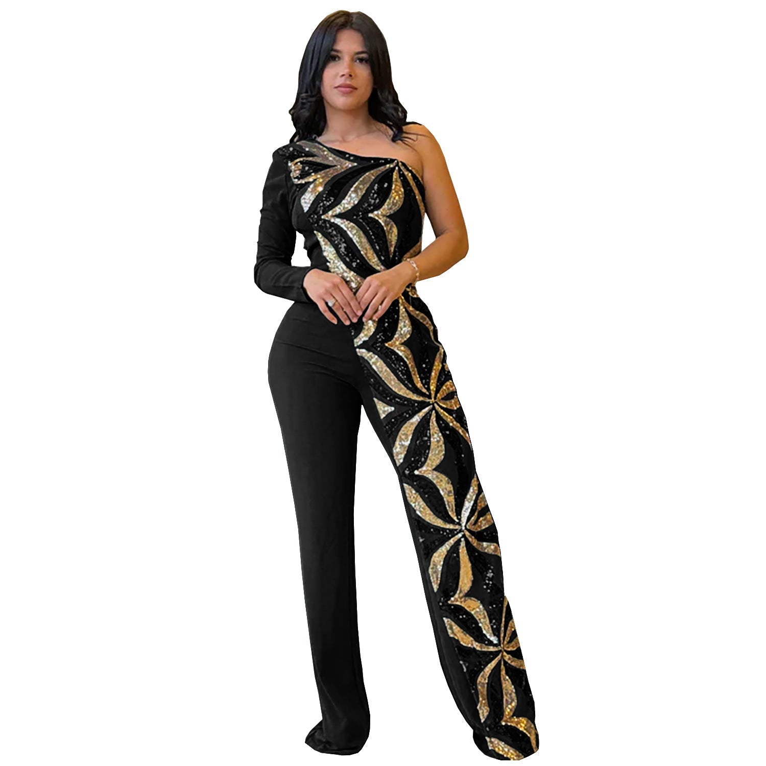 Women Wear Elegant Bodycon One Shoulder Bead Bag Arm Jumpsuit Bella Mia