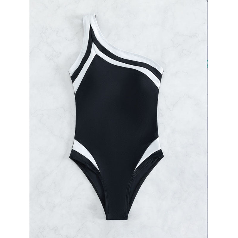 One Shoulder Color Block Jumpsuit Women Cover Belly Conservative Bikini Beach Spring Swimsuit Bella Mia