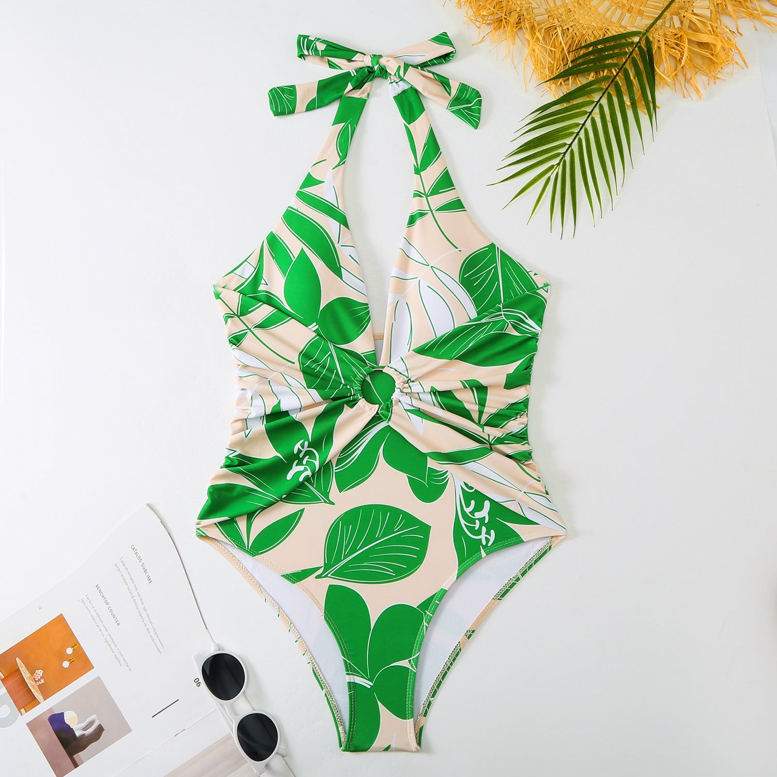 One Piece Swimsuit Women Slimming Retro Swimsuit Green Printing Suit Chiffon Dress