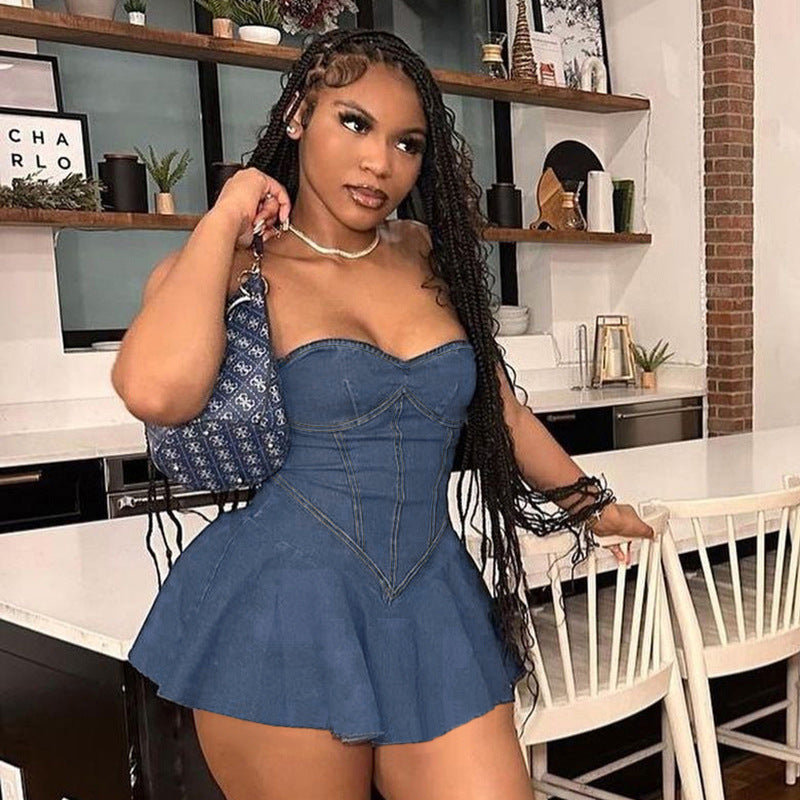 Summer Sheath A Line Sexy Tube Top Imitation Denim Dress Women Bella Mia