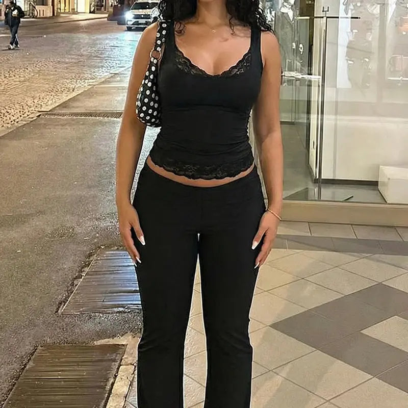 Sexy Lace Trim Tank Top Women V Neck Short Vest Polyester Bella Mia