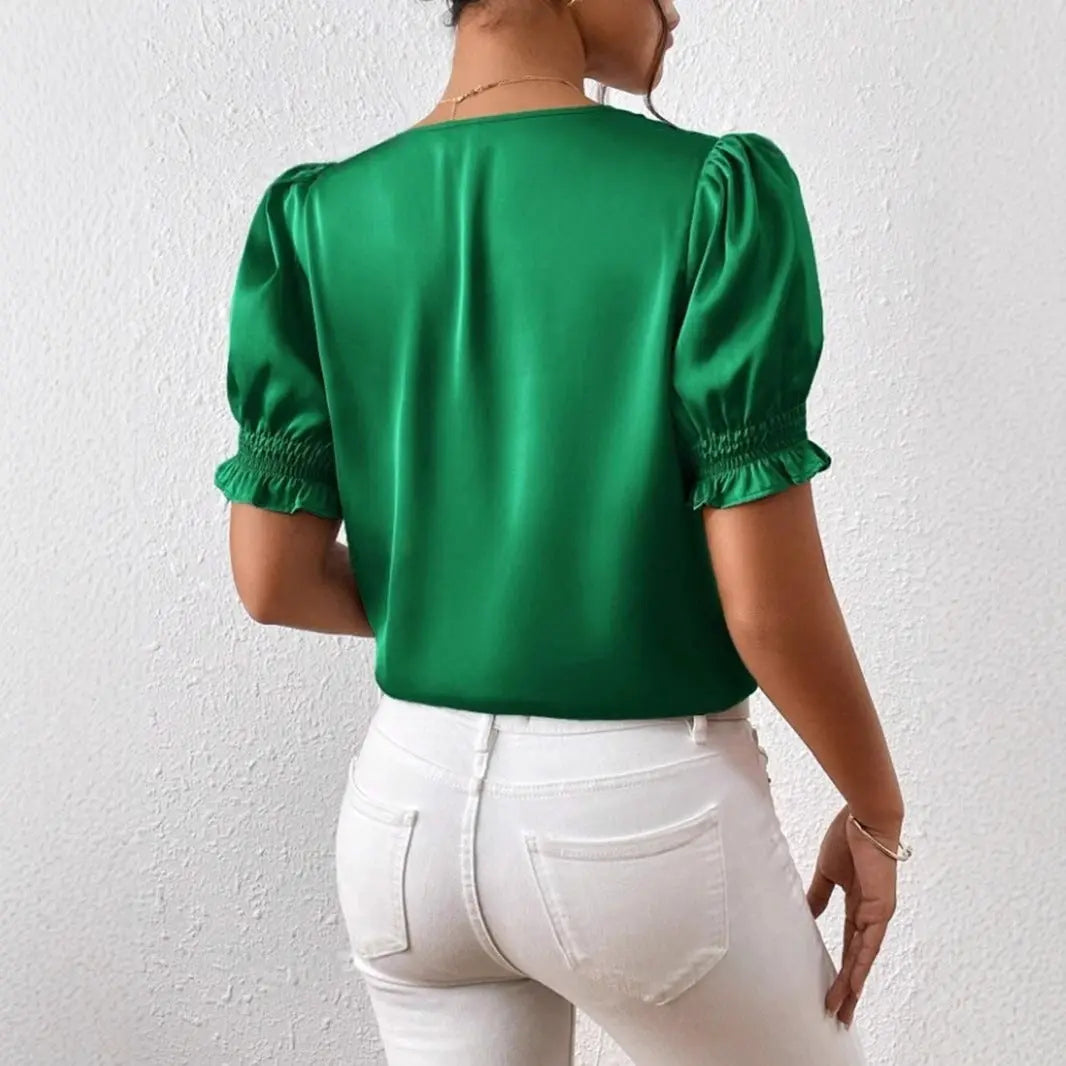 Satin V neck Buttons Shirt Spring Autumn French Casual Short Sleeve Ruffle Blouse Bella Mia