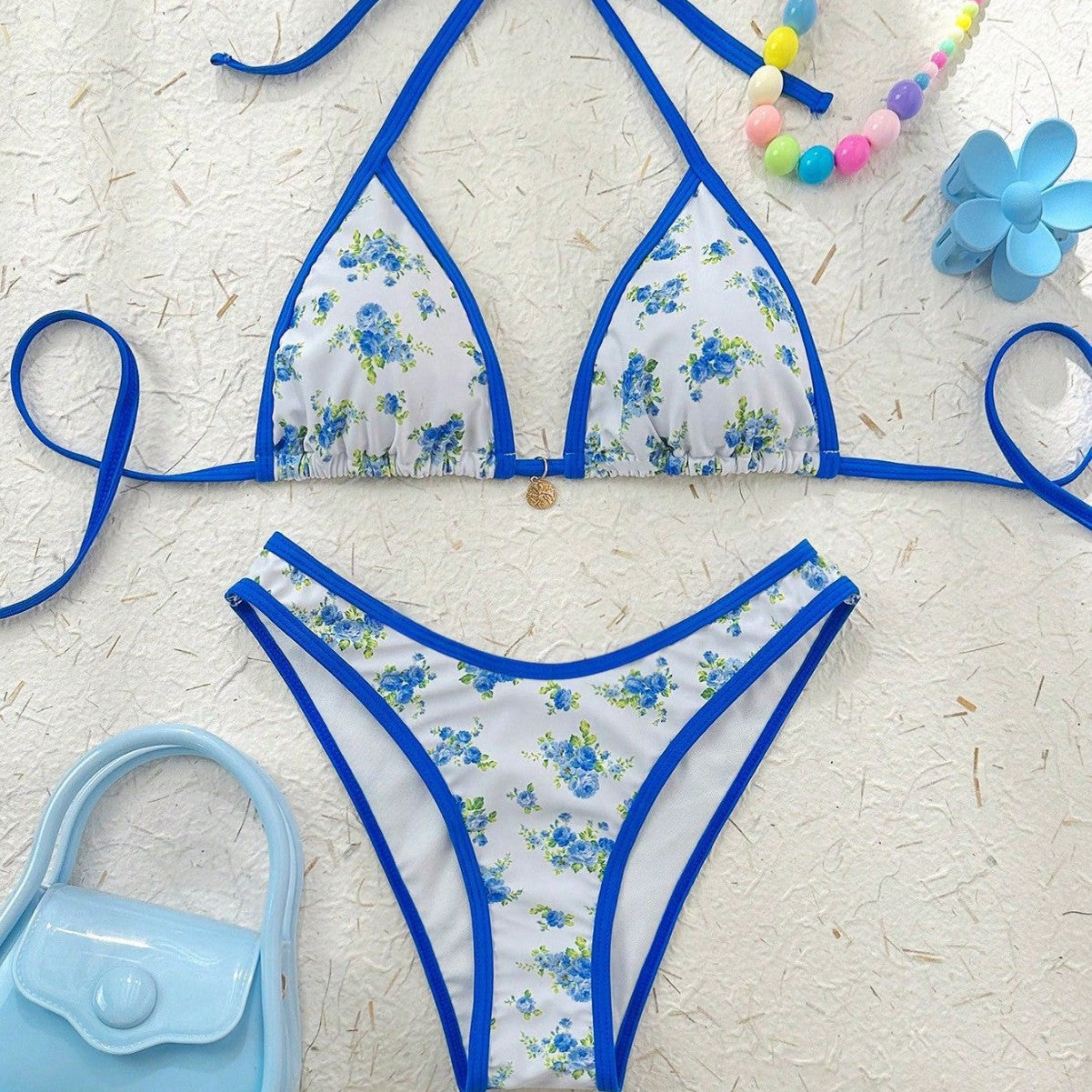 Floral Print Bikini Lace up Halterneck Bikini Women Shell Fresh Split Swimsuit Bella Mia