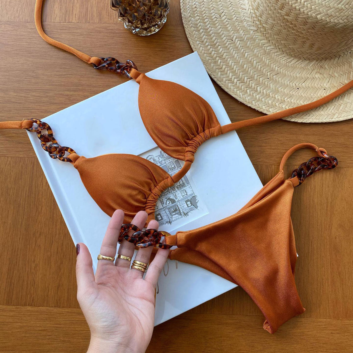 Three Point Halter Strap Sexy Backless Low Waist Bikini Solid Color Split Swimsuit Bella Mia