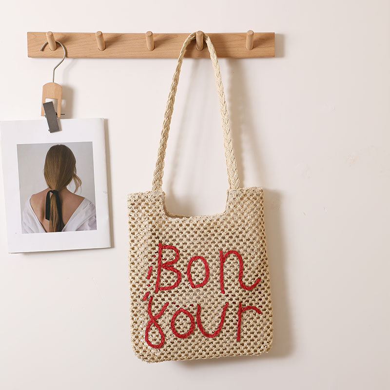 Letter Graphic Embroidery One Shoulder Straw Bag Hollow Out Cutout out Straw Bag Woven Bag Vacation Beach Bag Women Bag Bella Mia