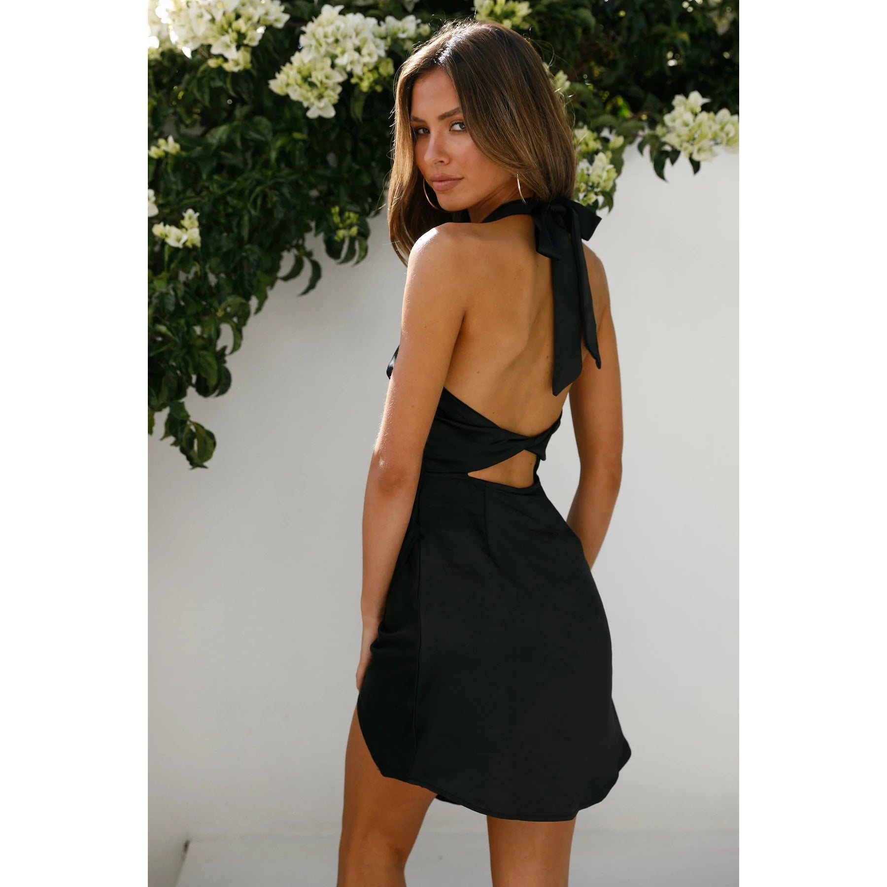 Women Clothing Solid Satin Halter Backless Slit Mini Dress Gown Bella Mia