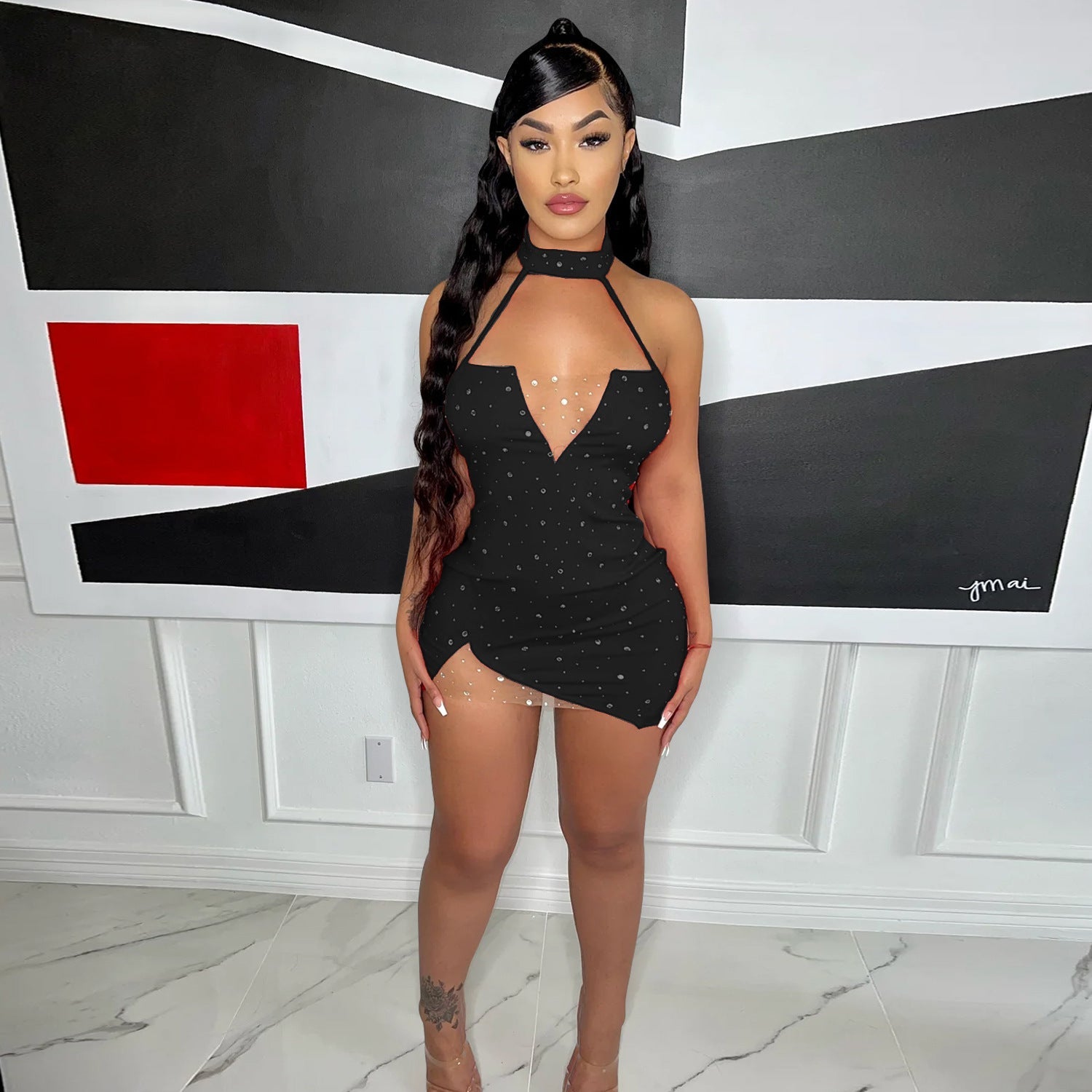 Summer Women Clothing Sexy Tight Halter Rhinestone Dress Short Women Bella Mia