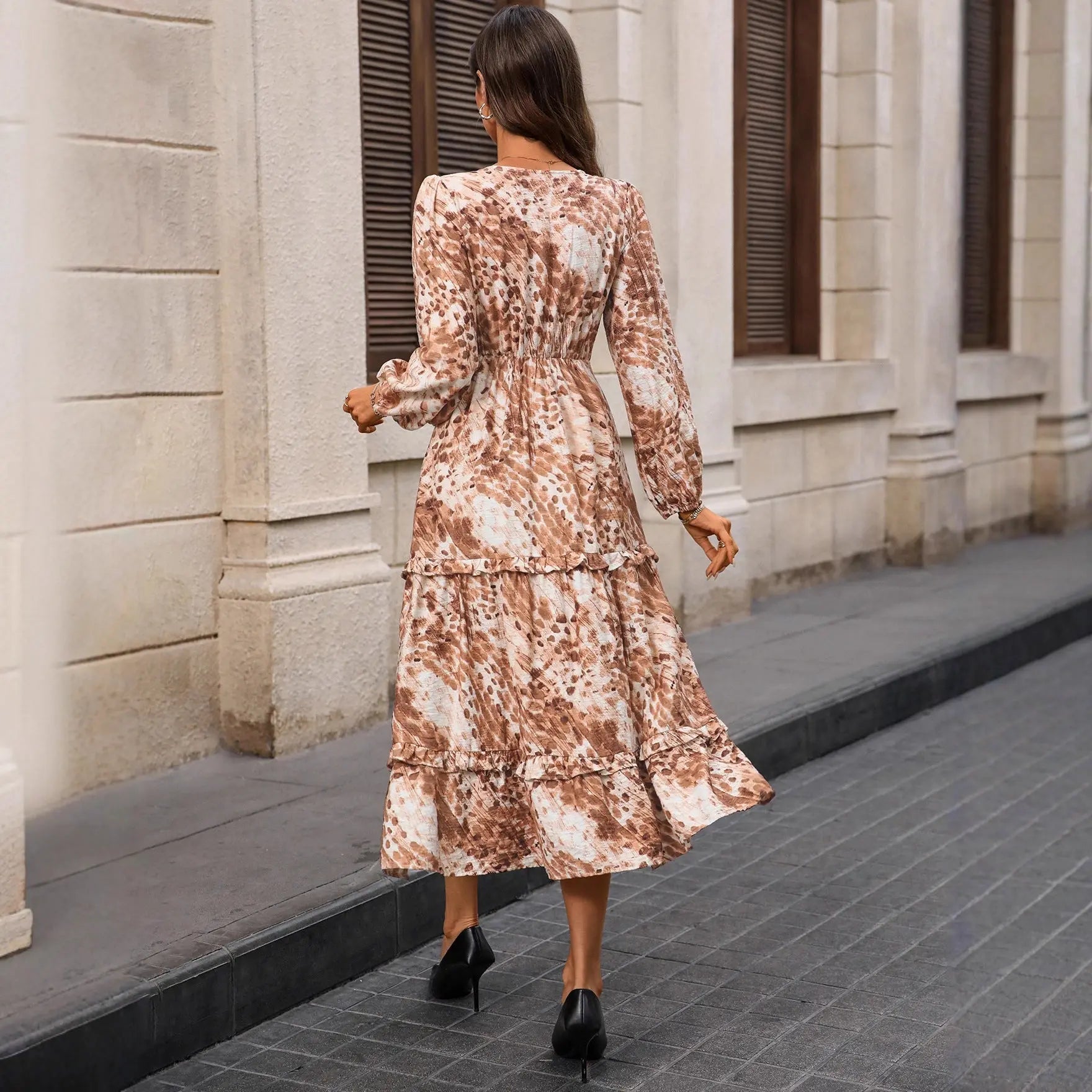Autumn French V Neck Long Sleeve Split Print Maxi Dress With Ruffle Bella Mia