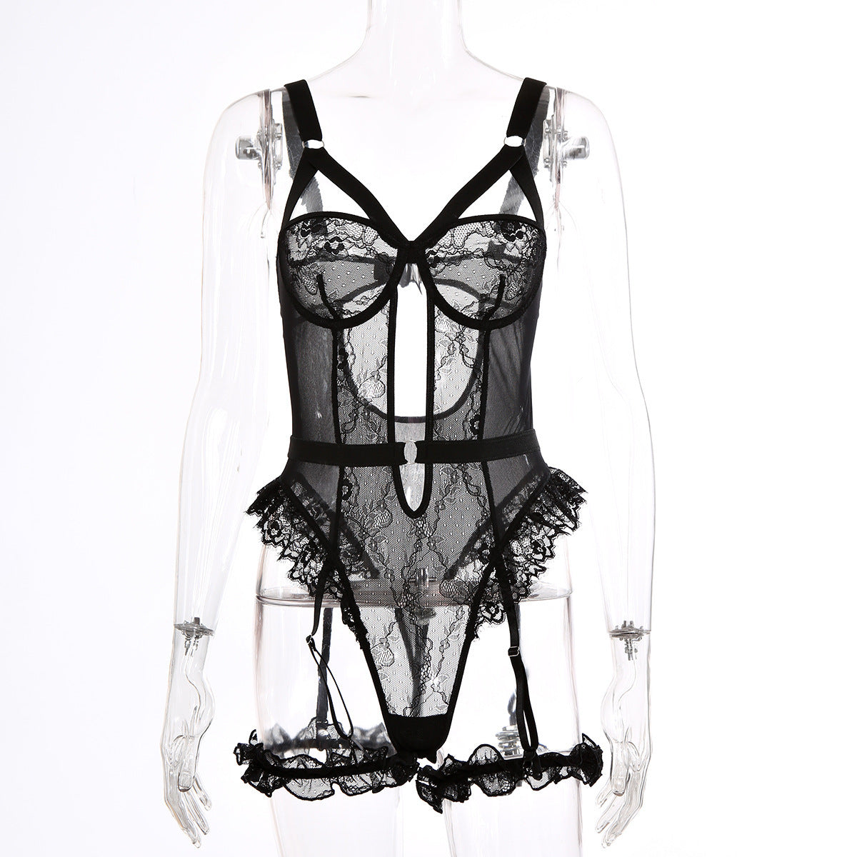 Sexy Lace Lace Cutout See through Sling One Piece Sexy Lingerie Jumpsuit with Leg Ring Bella Mia