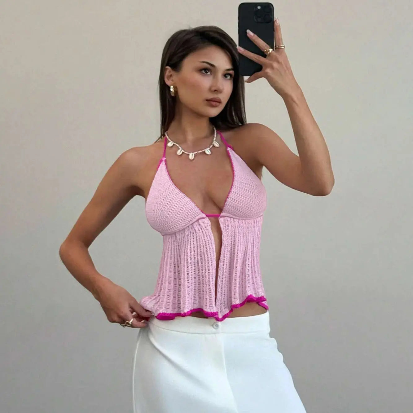 Sexy Hollow Out Cutout Backless Halter Sexy Casual Vacation Beach Swimsuit Sun Protection Top Bella Mia