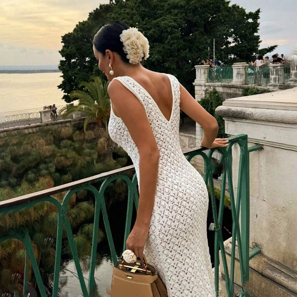 Summer Dress Sexy Sleeveless Hollow Out Cutout Knitted Beach Dress Backless High Grade Women Bella Mia