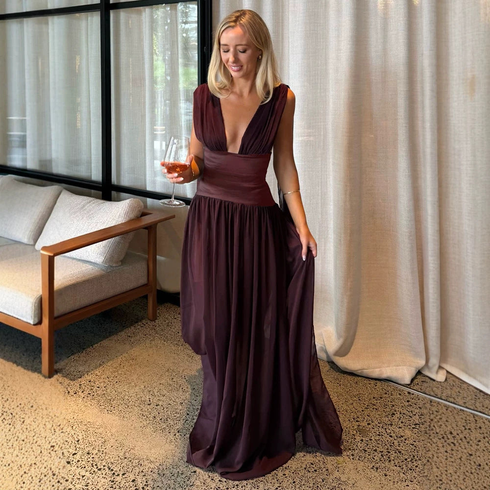 Wine Red Dress Women Summer Sleeveless Deep V Plunge Fitted High Waist