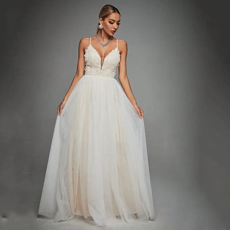 Evening Dress Sexy Hollow Out Cutout out Backless Deep V Plunge Lace Stitching Long Sleeve Dress Bella Mia