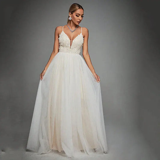 Evening Dress Sexy Hollow Out Cutout out Backless Deep V Plunge Lace Stitching Long Sleeve Dress Bella Mia