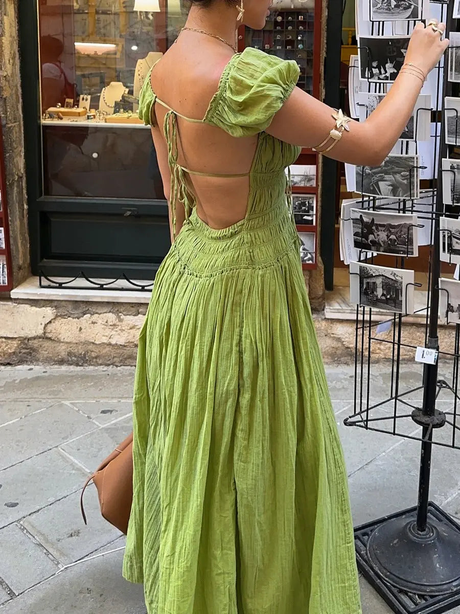 Women Summer Boho Backless Square Neck Puff Sleeve Maxi Dress Bella Mia