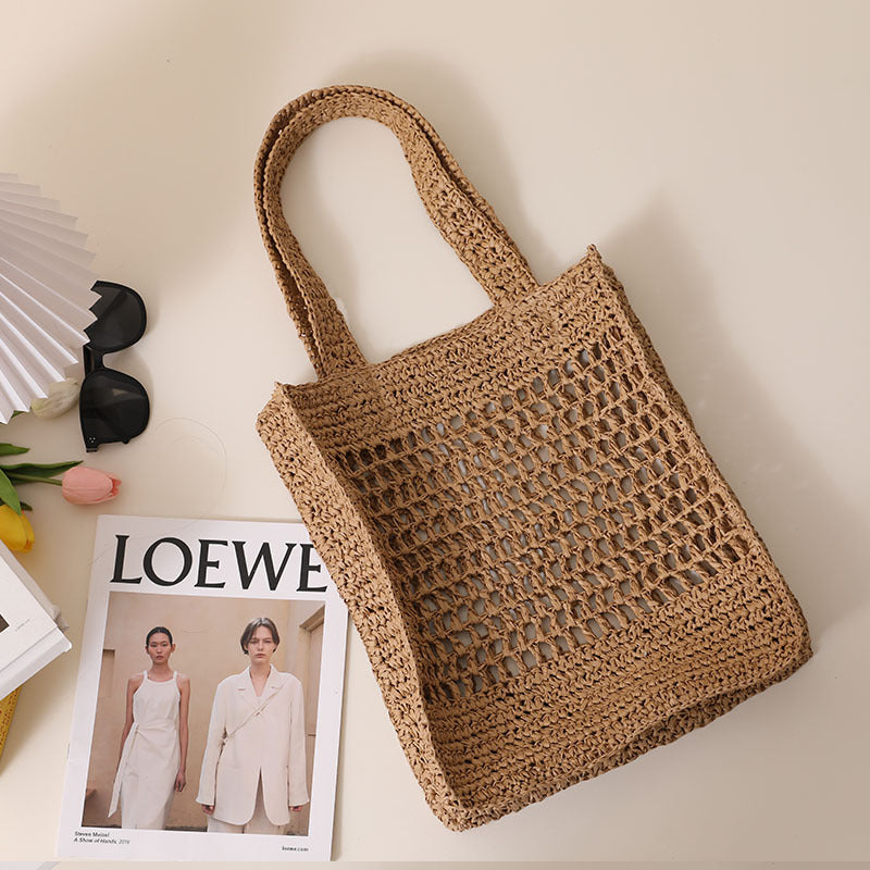 Solid Color Hollow Out Cutout Shoulder Straw Bag Korean Woven Tote Fishing Net Bag Seaside Vacation Beach Bag Bella Mia