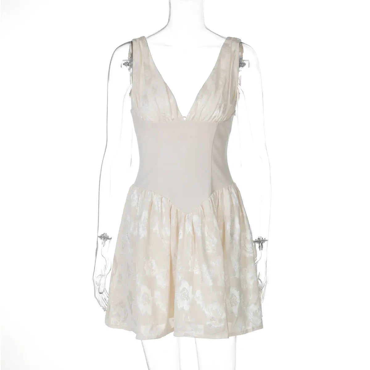 Women Summer Solid Color Deep V Plunge Back Tied Slim Fit Waist Strap Dress Bella Mia