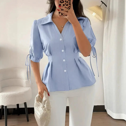 Light Blue Pleated Office Shirt For Women With Puff Sleeves And Lace Up Details Bella Mia