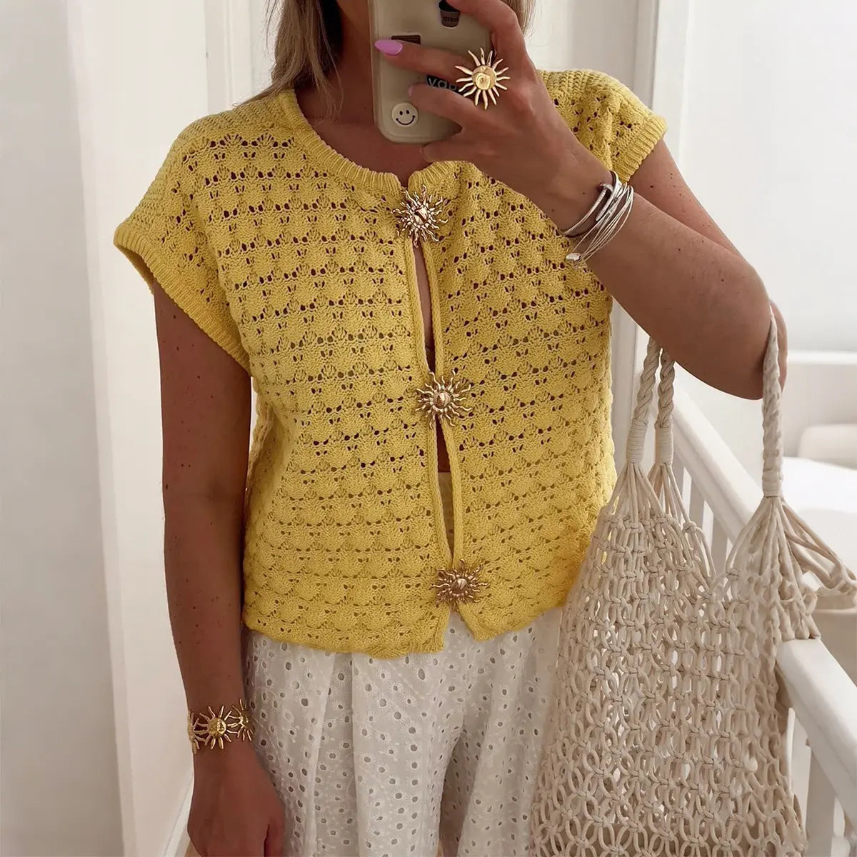 Simple Vacation Short Sleeve Hollow Out Cutout T shirt Wool Women Clothing Autumn Winter Bella Mia