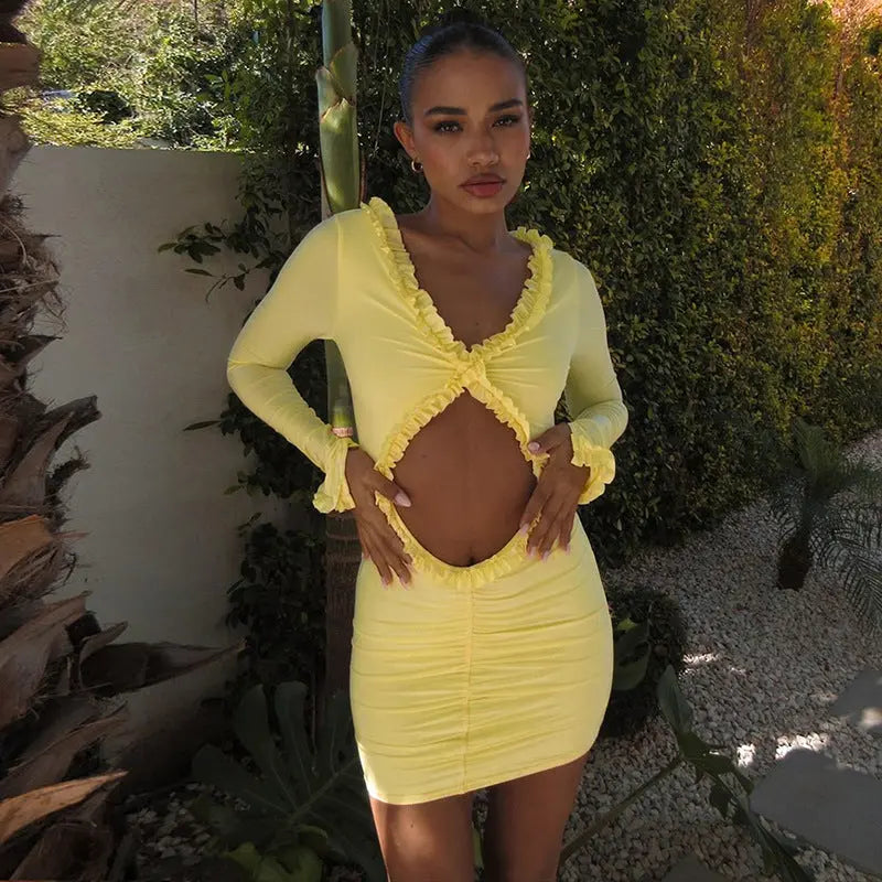 Women Clothing Autumn Solid Color Hollow Out Cutout Out Cropped Lace Sheath Dress Women Bella Mia