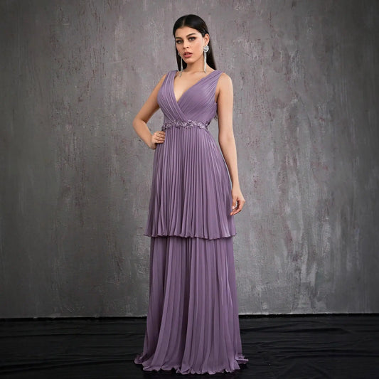 V neck Prom Evening Dress Tiered Dress Layered Cross Collar Host Formal Dress Elegant Graceful Dress Maxi Dress Women Bella Mia