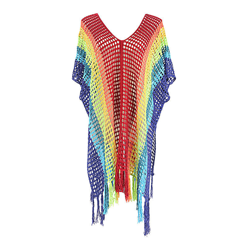 Rainbow Color Hollow Out Cutout Beach Cover up Seaside Holiday Bikini Cover Swimsuit Outwear Sun Protection Clothing Bella Mia