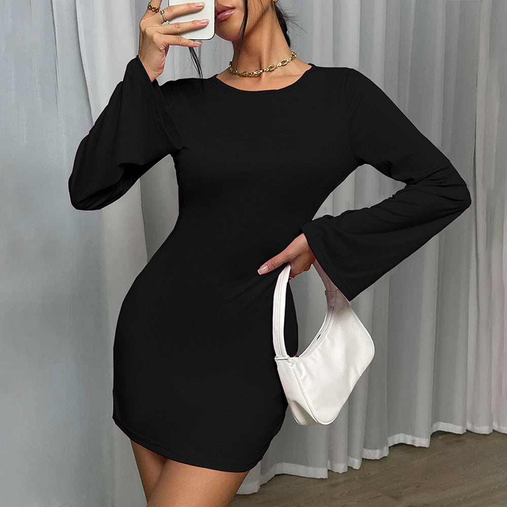 Women Clothing Sexy Backless round Neck Pullover Bell Sleeve Hip Dress Long Sleeve Dress Bella Mia