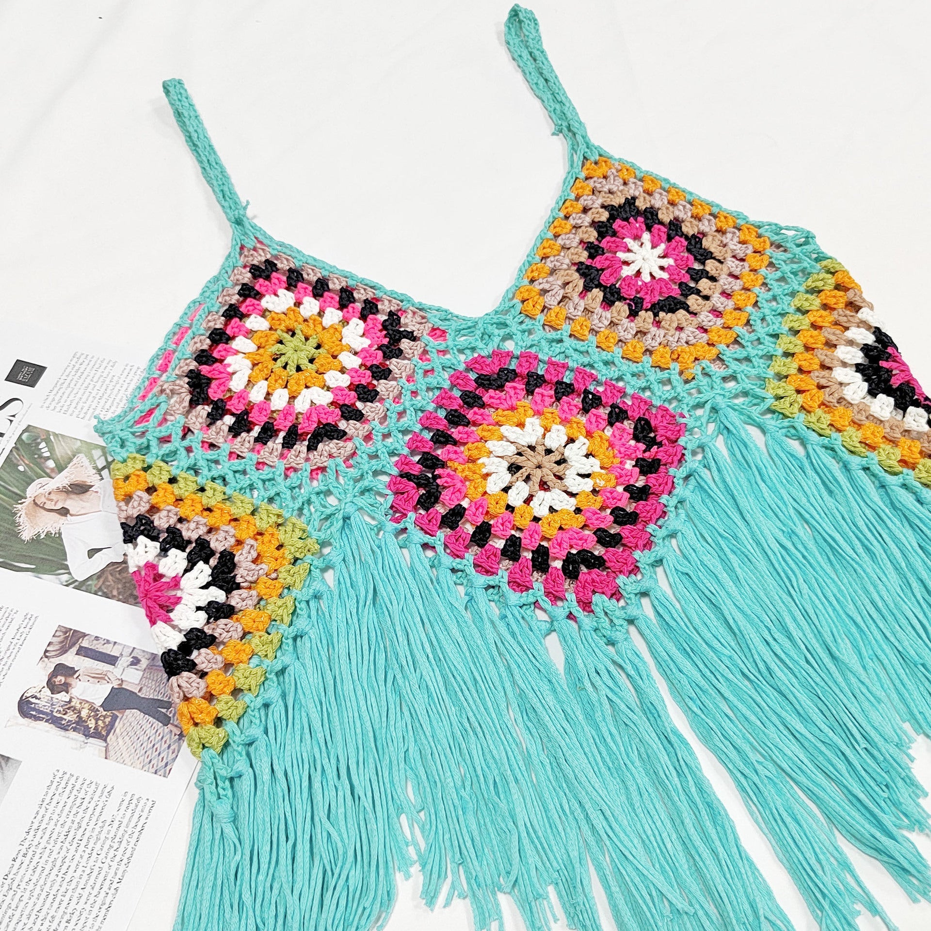 Women Clothing Women Top Pure Hand Crocheting Random Mixed Color Stitching Camisole Tassel Shirt Crochet Bella Mia