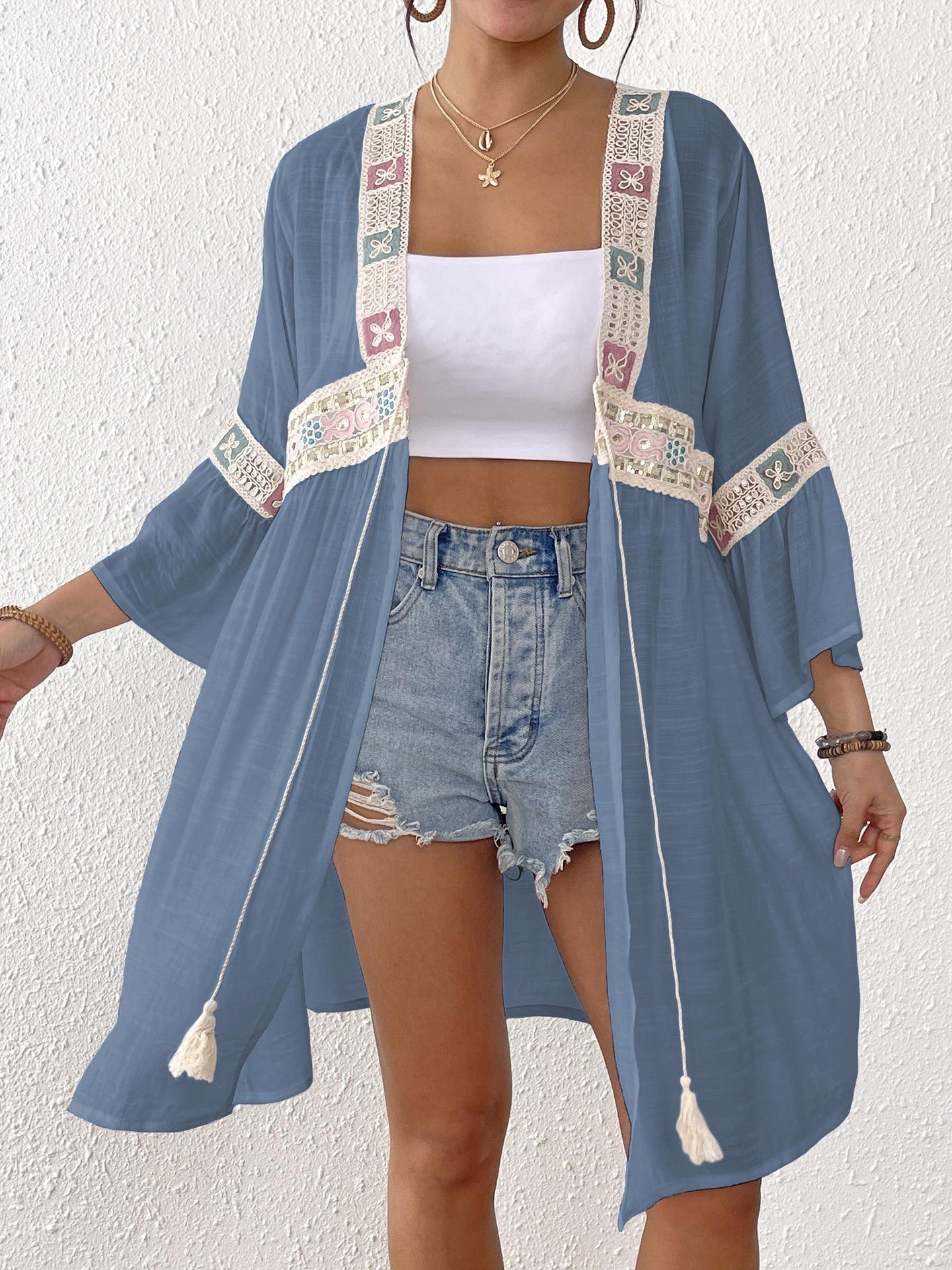 Women Cardigan Bow Women Clothing Sequined Embroidered Lace Stitching Beach Beach Cover Up Bella Mia