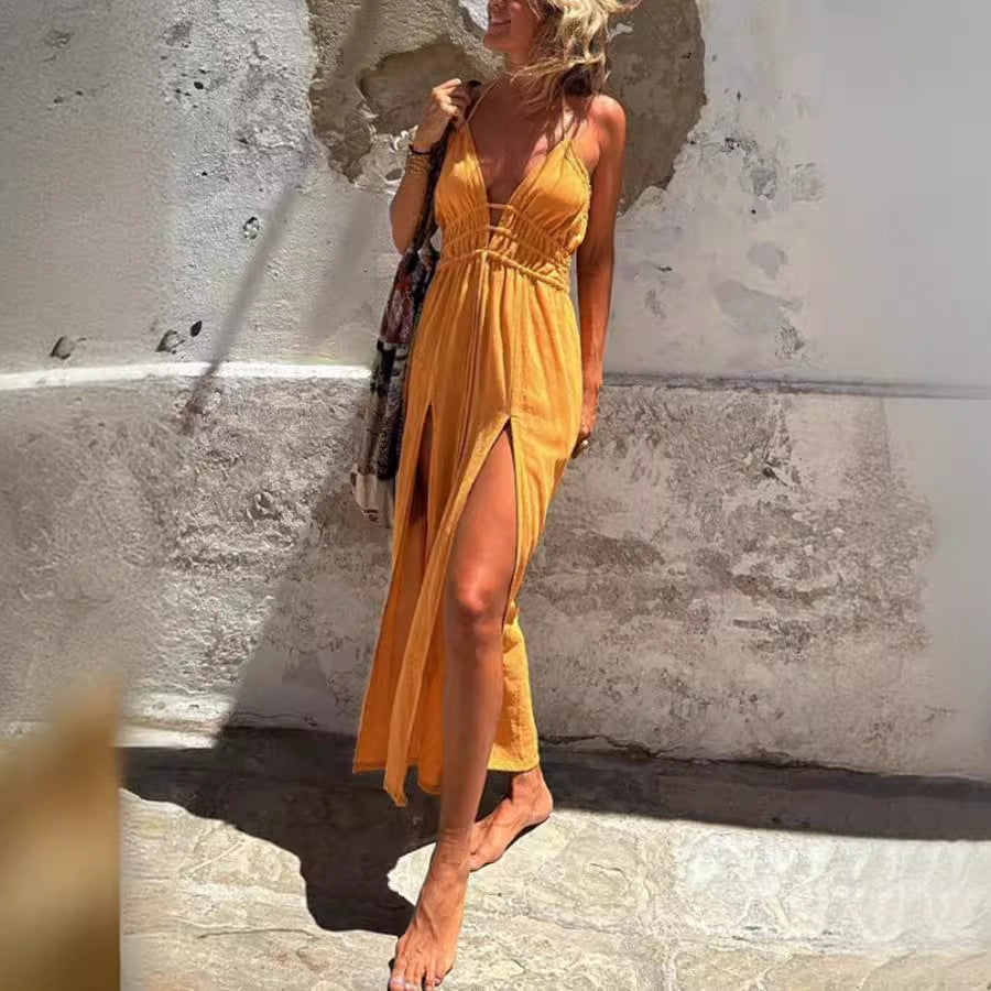 Sexy Sling Solid Color Hem Double Slit Dress Bella Mia