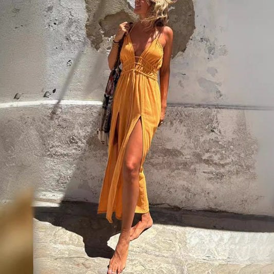 Sexy Sling Solid Color Hem Double Slit Dress Bella Mia