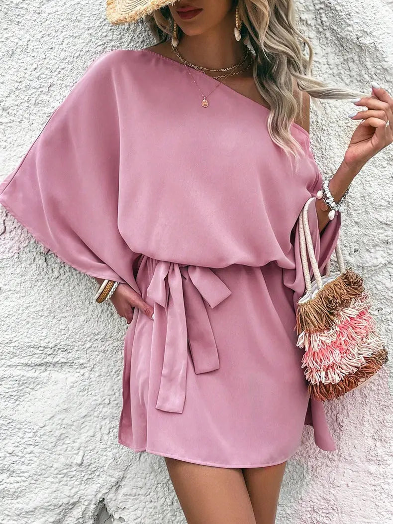 Women Clothing Satin off Shoulder Satin Dress Asymmetric High Waist Dress Bella Mia