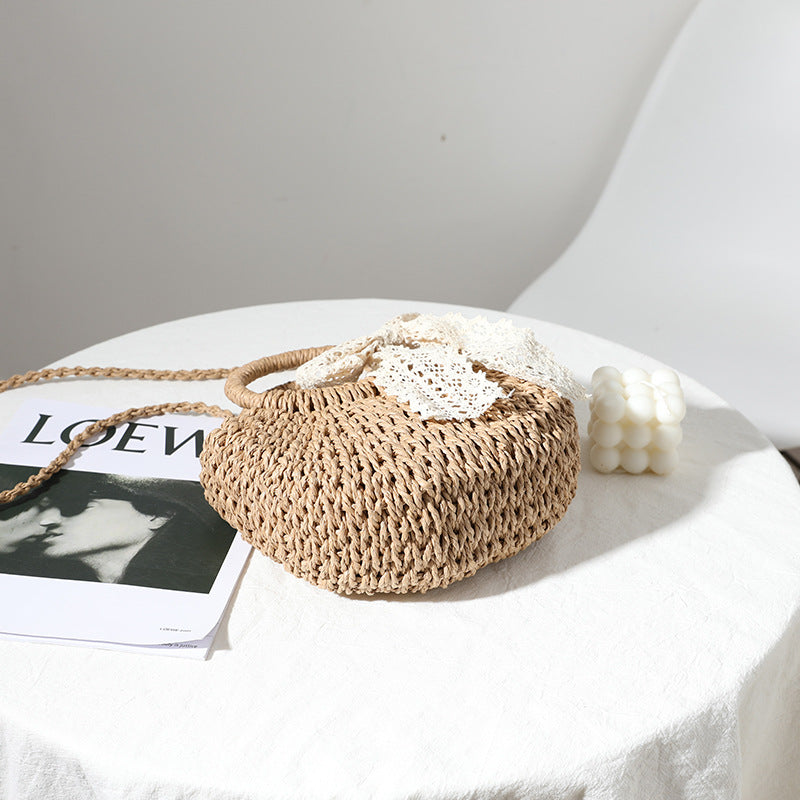 Crossbody Small Bag for Women Lace Bow Hand Woven Bag Shoulder Portable Crossbody Straw Woven Bag Bella Mia