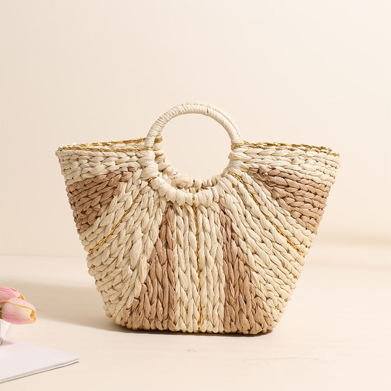Golden Silk Thread Portable Straw Weaved Bag Large Capacity Tote Vegetable Basket Bag Vacation Beach Bag Hand Carrying Woven Bag Bella Mia