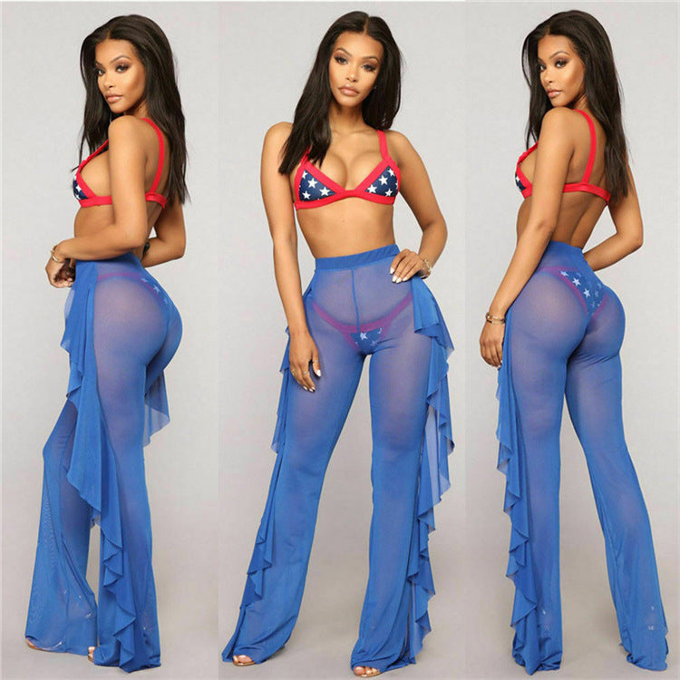 Ruffled Solid Color Casual Sexy Yarn Pants See through Women Beach Vacation Trousers Bella Mia