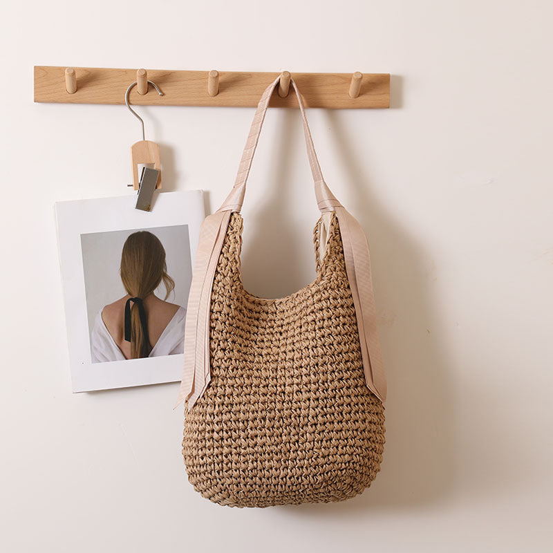 Ribbon Shoulder Straw Bag Large Capacity Solid Color Woven Bag Seaside Vacation Beach Bag Straw Bag Bella Mia