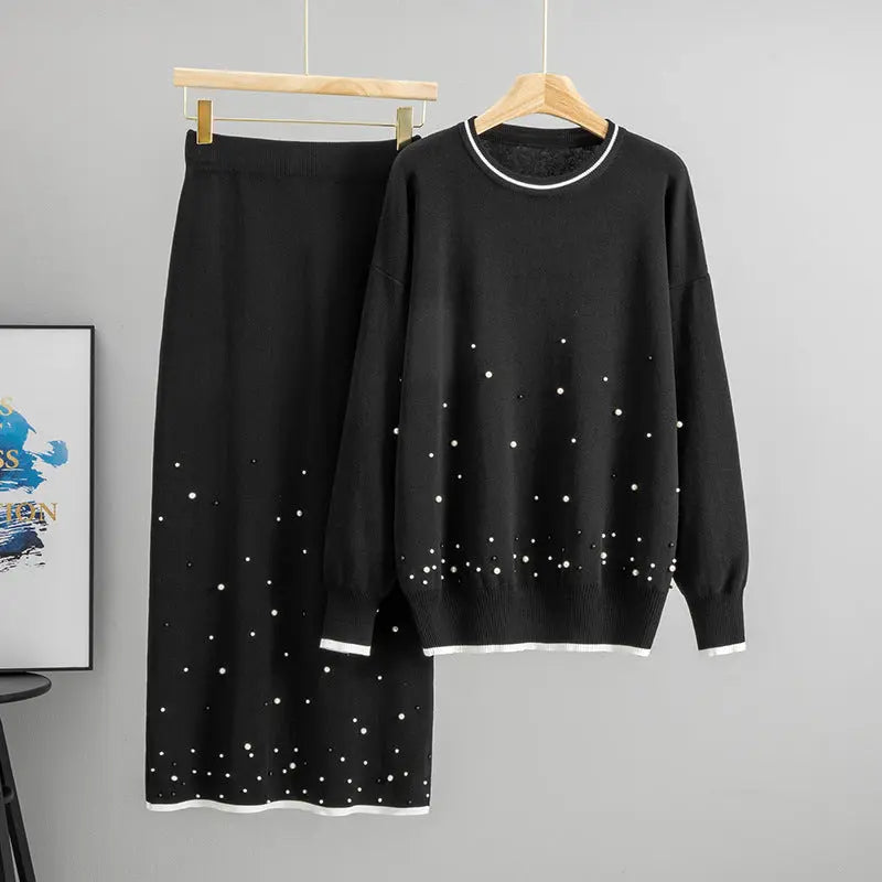 High Waist Beaded Stripe Jersey Two Piece Set Long Sleeve Top Midi Skirt Bella Mia