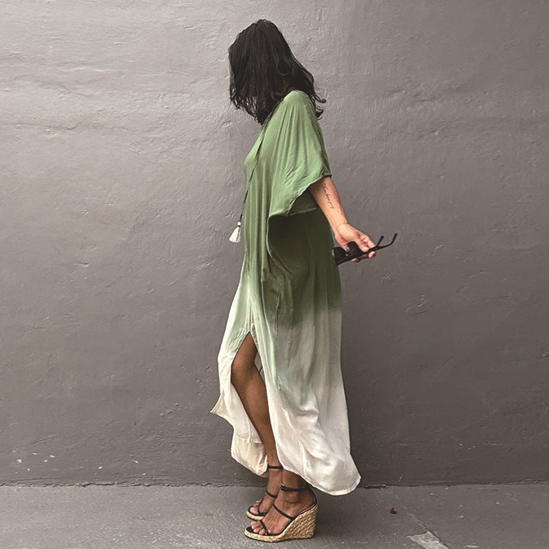Gradient Color Rayon Beach Dress Vacation Beach Cover Up Swimsuit Outwear Dress Women Slit Bella Mia