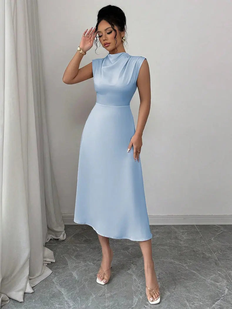 Women Clothing Summer Satin Women Pleated Satin Mid Length A line Dress Bella Mia