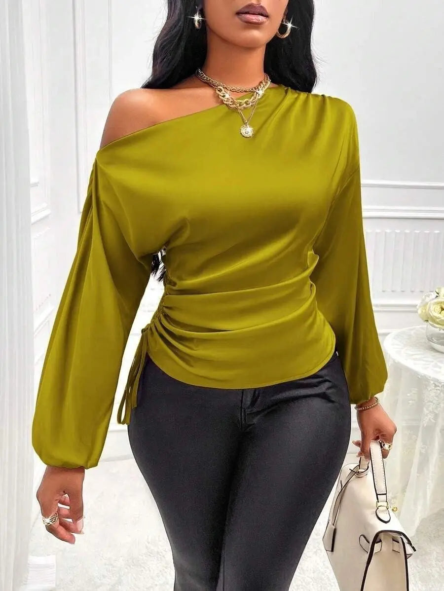 Women Clothes Satin Shirt Autumn Winter Asymmetric Long Sleeve Diagonal Collar Shirt Top Bella Mia