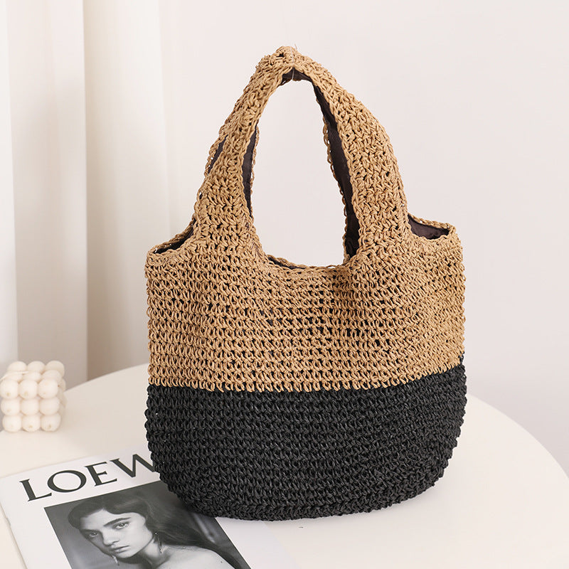 Color Matching Casual Portable Straw Weaved Bag Special Interest Design Contrast Color Woven Bag Wrist Bag Seaside Vacation Beach Bag Bella Mia